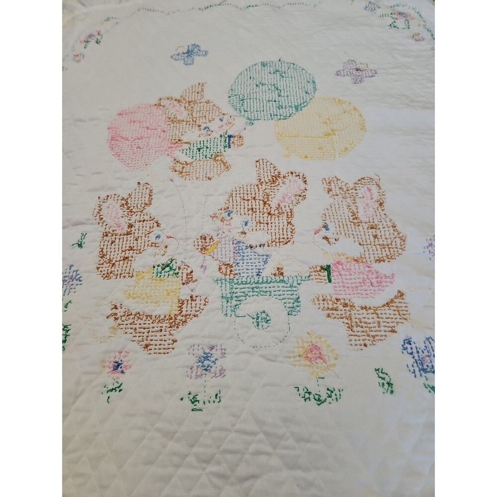 Handmade Baby Blanket Embroidered Cross Stitch Bunnies Ruffled Edge 42" X 33" - Picture 9 of 15